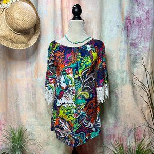 📌WinWin Great Color Combination Half Sleeves Tunic w/ Lace and Elastic Neckline